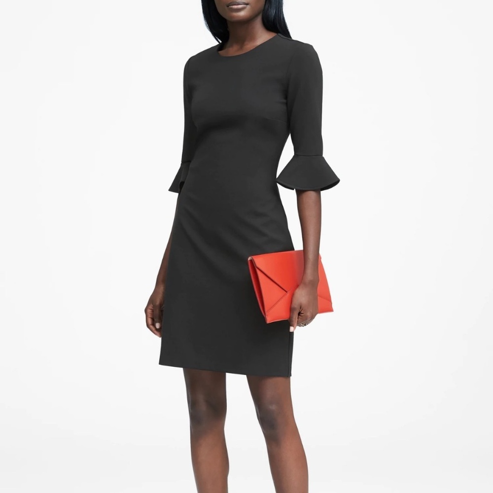 BANANA REPUBLIC Black Ponte Flutter Sleeve Sheath Dress